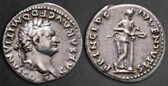 Roman Imperial Domitian as Caesar AD 69-81. Rome Denarius AR 17 mm, 3,41 g CAESAR AVG F DOMITIANVS COS VI, laureate head right / PRINCEPS IVVENTVTIS, Salus standing right, legs crossed, resting on col