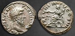 Roman Imperial Lucius Verus AD 161-169. Rome Denarius AR 18 mm, 3,49 g L VERVS AVG ARM PARTH MAX, laureate head right / TR P VIII IMP V COS III, Aequitas seated left on throne, holding scales and corn