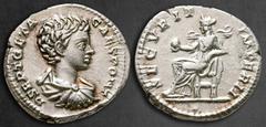 Roman Imperial Geta, as Caesar AD 198-209. Rome Denarius AR 18 mm, 3,32 g P SEPT GETA CAES PONT, bareheaded, draped and cuirassed bust right / SECVRIT IMPERII, Securitas seated left, holding globe. Ne