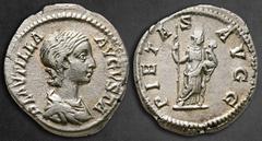 Roman Imperial Plautilla. Augusta AD 202-205. Rome Denarius AR 18 mm, 3,19 g PLAVTILLA AVGVSTA, draped bust right / PIETAS AVGG, Pietas standing right, holding sceptre and child. Good Very Fine RIC IV