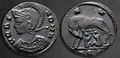 Roman Imperial City Commemorative AD 330-354. Aquileia Follis Æ 16 mm, 2,60 g VRBS ROMA, bust of Roma left, wearing crested helmet and Imperial mantle / She-wolf standing left, suckling the twins Romu