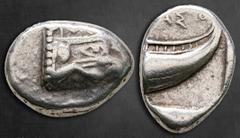 Greek Lycia. Phaselis circa 500-440 BC. Tetrobol AR 15 mm, 3,48 g Prow of galley to right; uncertain control below / Stern of galley to right; ΦΑΣ above. Nearly Very Fine SNG von Aulock 4395; Cf. Heip