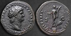 Roman Imperial Nero AD 54-68. Lugdunum (Lyon) Dupondius Æ 30 mm, 13,08 g NERO CLAVD CAESAR AVG GER P M TR P IMP P, radiate head to right, globe at point of bust / VICTORIA AVGVSTI, Victory walking to 