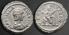 Roman Imperial Plautilla. Augusta AD 202-205. Rome Denarius AR 20 mm, 3,01 g PLAVTILLA AVGVSTA, draped bust to right / VENVS VICTRIX, Venus standing to left, holding apple and palm, leaning on shield,