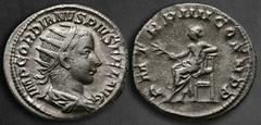 Roman Imperial Gordian III AD 238-244. Rome Antoninianus AR 22 mm, 5,18 g IMP GORDIANVS PIVS FEL AVG, radiate, draped and cuirassed bust right / P M TR P IIII COS II P P, Apollo seated to left, holdin