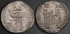 Byzantine Andronicus II Palaeologus, with Michael IX AD 1282-1328. Constantinople Basilikon AR 21 mm, 2,11 g KVPI BOHΘEI, Christ, nimbate, seated facing on throne, wearing tunic and pallium, raising H