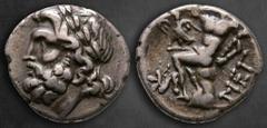 Greek Arkadia. Megalopolis circa 100-80 BC. Triobol-Hemidrachm AR 15 mm, 2,42 g Laureate head of Zeus left / ΜΕΓ, Pan seated left on rock, raising right hand and cradling logobolon in left arm, above 