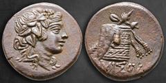 Greek Pontos. Amisos. Mithradates VI Eupator 82-72 BC. Bronze Æ 21 mm, 8,53 g Head of Dionysos right, wearing ivy wreath / AMIΣOY, Thyrsos leaning against cista mystica and draped with panther skin. E