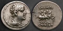 Greek Bactria. Greco-Baktrian Kingdom. Baktra mint. Eukratides I Megas 170-145 BC. Drachm AR 19 mm, 4,22 g Diademed and draped bust to right / The Dioskouroi on horses prancing to right, each holding 