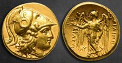 Greek Kings of Macedon. Babylon. Philip III Arrhidaeus 323-317 BC. Stater AV 17 mm, 8,47 g Head of Athena to right, wearing pendant earring, necklace and crested Corinthian helmet adorned with serpent