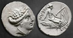 Greek Euboea. Histiaia circa 171-168 BC. Tetrobol AR 15 mm, 1,66 g Wreathed head of the Nymph Histiaia right / IΣTIAIEΩN, Nymph seated right on stern of galley; wing on prow. Extremely Fine HGC 4, 152