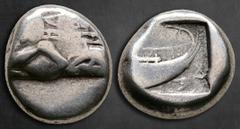 Greek Lycia. Phaselis circa 500-440 BC. Tetrobol AR 13 mm, 3,49 g Prow of galley to right; uncertain control below / Stern of galley to right; ΦΑΣ above. Nearly Very Fine SNG von Aulock 4395; Cf. Heip