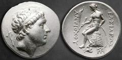 Greek Seleukid Kingdom. Lampsakos. Antiochos Hierax 242-227 BC. Tetradrachm AR 30 mm, 16,98 g Diademed head right / ΒΑΣΙΛΕΩΣ ΑΝΤΙΟΧΟΥ, Apollo Delphios, testing arrow and placing hand on grounded bow, 
