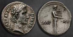 Roman Imperial Augustus 27 BC-AD 14. Lugdunum (Lyon) Denarius AR 18 mm, 3,70 g AVGVSTVS DIVI F, laureate head right / IMP XII/ ACT, Apollo Citharoedus of Actium standing right, holding lyre with his l