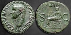 Roman Imperial Caligula AD 37-41. Rome As Æ 28 mm, 10,56 g C CAESAR AVG GERMANICVS PON M TR POT, bare head left / VESTA, Vesta seated left on throne, holding patera and sceptre; S - C across fields. V