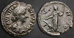 Roman Imperial Faustina II AD 147-175. Rome Denarius AR 19 mm, 3,10 g FAVSTINA AVGVSTA, draped bust right, wearing single circlet of pearls / IVNO, Juno standing left, holding patera and sceptre; to l