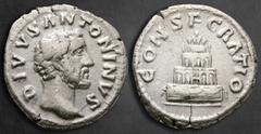 Roman Imperial Divus Antoninus Pius AD 161. Consecration issue struck under Marcus Aurelius and Lucius Verus. Rome Denarius AR 18 mm, 3,13 g DIVVS ANTONINVS, bare head right / CONSECRATIO, funeral pyr