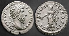 Roman Imperial Lucius Verus AD 161-169. Rome Denarius AR 19 mm, 3,31 g L VERVS AVG ARM PARTH MAX, laureate head right / TR P VI IMP IIII COS II, Pax standing left, holding olive branch and cornucopiae