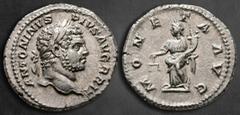 Roman Imperial Caracalla AD 198-217. Rome Denarius AR 19 mm, 2,81 g ANTONINVS PIVS AVG BRIT, laureate head right / MONETA AVG, Moneta standing left, holding scales and cornucopia. Nearly Extremely Fin