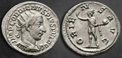 Roman Imperial Gordian III AD 238-244. Antioch Antoninianus AR 23 mm, 3,99 g IMP GORDIANVS PIVS FEL AVG, radiate and cuirassed bust right / ORIENS AVG, Sol standing to left, raising hand and holding g