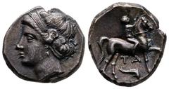 Greek Calabria. Tarentum circa 281-272 BC. Campano-Tarantine Issue Nomos AR 20 mm, 7,14 g Diademed head of nymph left, wearing triple-pendant earring and necklace / Nude youth on horseback right, crow