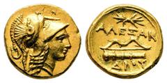 Greek Kings of Macedon. Amphipolis. Time of Alexander III - Philip III 325-319 BC. In the name of Alexander III. Struck under Antipater Quarter Stater AV 11 mm, 2,18 g Head of Athena to right, wearing