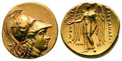 Greek Kings of Macedon. Susa. Philip III Arrhidaeus 322-320 BC. Struck under Koinos, circa BC 322-320. In the name and types of Alexander III Stater AV 18 mm, 8,60 g Head of Athena to right, wearing t
