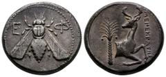 Greek Ionia. Ephesos circa 380-370 BC. MENEKPATHΣ (Menekrates), magistrate Tetradrachm AR 26 mm, 14,97 g Bee with straight wings; Ε-Φ flanking / MENEKPATHΣ, forepart of stag right, head left; palm tre