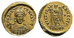 Roman Imperial Zeno AD 474-491. Pseudo-Imperial issue. Uncertain mint, 10th officina Solidus AV 19 mm, 4,28 g D N ZENO PERP AVG, pearl-diademed, helmeted and cuirassed bust facing slightly to right, h