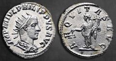 Roman Imperial Philip II AD 247-249. Antioch Antoninianus AR 22 mm, 3,92 g IMP M IVL PHILIPPVS AVG, radiate, draped and cuirassed bust right / AEQVITAS AVGG, Aequitas standing left holding scales and 