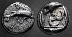 Greek Dynasts of Lycia. Uncertain mint. Uncertain Dynast 500-440 BC. Drachm AR 13 mm, 3,02 g Dolphin / Triskelis. Very Fine BMC 50.