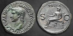 Roman Imperial Caligula AD 37-41. Struck AD 37-38. Rome As Æ 30 mm, 12,42 g C CAESAR AVG GERMANICVS PON M TR POT, bare head left / VESTA, Vesta seated left on throne, holding patera and sceptre; S - C