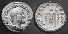Roman Imperial Maximinus I Thrax AD 235-238. Rome Denarius AR 19 mm, 3,44 g MAXIMINVS PIVS AVG GERM, laureate, draped, and cuirassed bust right / P M TR P II COS P P, Maximinus standing left between t