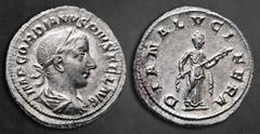 Roman Imperial Gordian III AD 238-244. Rome Denarius AR 22 mm, 3,39 g IMP GORDIANVS PIVS FEL AVG, laureate, draped and cuirassed bust right / DIANA LVCIFERA, Diana standing right, holding long torch i