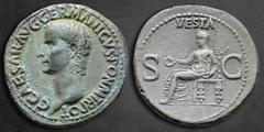 Roman Imperial Germanicus AD 37-41. Rome As Æ 30 mm, 9,81 g C CAESAR AVG GERMANICVS PON M TR POT, bare head left / VESTA, Vesta seated left on throne, holding patera and sceptre; S - C across fields. 