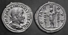 Roman Imperial Maximinus I Thrax AD 235-238. Rome Denarius AR 21 mm, 2,62 g IMP MAXIMINVS PIVS AVG, laureate, draped, and cuirassed bust right / P M TR P P P, Maximinus standing left between two signa