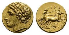 Greek Sicily. Syracuse. Agathokles 317-289 BC. Hemistater AV 15 mm, 4,30 g Laureate head of Apollo left / ΣΥΡAΚΟΣΙΩΝ, charioteer driving fast biga right, triskeles below. Nearly Extremely Fine SNG ANS