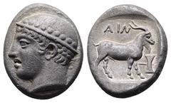 Greek Thrace. Ainos circa 425-423 BC. Tetradrachm AR 26 mm, 16,18 g Head of Hermes in conical petasos to left / AIN, goat standing right; bipennis in right field. Extremely Fine HGC 3.2 -; BMC -. Aino