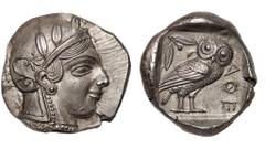 Greek Attica. Athens circa 470-465 BC. Transitional issue Tetradrachm AR 27 mm, 16,88 g Helmeted head of Athena right, with frontal eye / AΘE, owl standing right, head facing; olive sprig and crescent