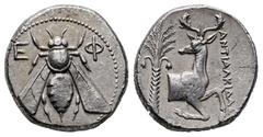 Greek Ionia. Ephesos . ANTIAΛKIΔAΣ (Antialkidas), magistrate circa 390-325 BC. Tetradrachm AR 24 mm, 15,31 g Bee with straight wings; Ε-Φ flanking / ANTIAΛKIΔAΣ, forepart of stag right, head left; pal