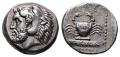 Greek Islands off Caria. Kos. ΛΑΚΩΝ (Lakon), magistrate circa 380-350 BC. Tetradrachm AR 24 mm, 15,14 g Bearded head of Herakles to left, wearing lion's skin headdress / ΚΩΙΟΝ/ ΛΑΚΩΝ, crab with club b