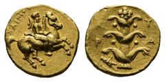Greek Cyrenaica. Cyrene. XAIPIΟΣ (Chairios), magistrate circa 322-314 BC. Drachm AV 14 mm, 4,31 g XAIPIΟΣ, horseman galloping to right, petasos hanging down behind his neck / K-Y/P-A, silphium plant w
