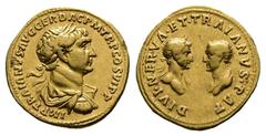 Roman Imperial Trajan, with Trajan Pater and Nerva AD 98-117. Struck circa AD 112-113. Rome Aureus AV 19 mm, 7,16 g IMP TRAIANVS AVG GER DAC P M TR P COS VI P P, laureate, draped and cuirassed bust of