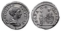 Roman Imperial Plautilla. Augusta AD 202-205. Struck circa AD 202. Rome Denarius AR 18 mm, 3,38 g PLAVTILLAE AVGVSTAE, draped bust of Plautilla to right / PROPAGO IMPERI, Plautilla on left clasping ha