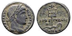 Roman Imperial Constantine I the Great AD 306-337. Struck AD 327. Constantinople Follis Æ 18 mm, 3,09 g CONSTANTINVS MAX AVG, laureate head to right / Labarum, with three medallions on vexillum and su