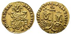 Byzantine Basil I the Macedonian, with Constantine AD 867-886. Constantinople Solidus AV 20 mm, 4,46 g + IhS XPS REX REGNANTIЧM *, Christ, nimbate, seated facing on lyre-backed throne, wearing tunic a