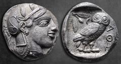 Greek Attica. Athens circa 450-440 BC. Tetradrachm AR 23 mm, 16,90 g Helmeted head of Athena right. Reverse: AΘE, owl standing right, head facing; olive-spray with berry and crescent above. Good Extre