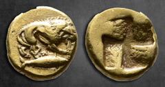 Greek Mysia. Kyzikos circa 500-450 BC. 1/24 Stater EL 7 mm, 0,64 g Lion to right, gnawing on leg of prey; below, tunny to right / Quadripartite incuse square. Very Fine SNG Paris -, cf. 322 (Stater). 
