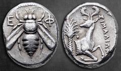 Greek Ionia. Ephesos circa 390-325 BC. ΣIMAΛIΩN (Simalion), magistrate Tetradrachm AR 23 mm, 15,19 g Bee with straight wings; Ε-Φ flanking / ΣIMAΛIΩN, forepart of stag right, head left; palm tree to l