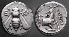 Greek Ionia. Ephesos circa 360-350 BC. ZΩBIOΣ (Zobios), magistrate Tetradrachm AR 23 mm, 15,16 g Bee with straight wings; Ε-Φ flanking / ZΩBIOΣ, forepart of stag kneeling right, head reverted; palm tr